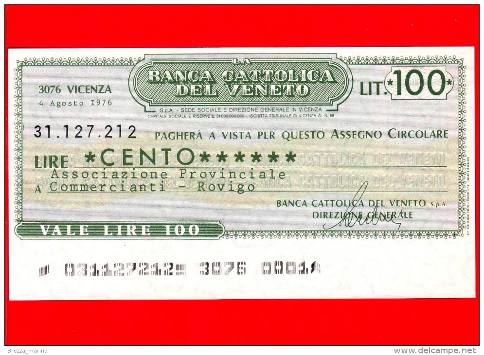MINIASSEGNI - BANCA CATTOLICA DEL VENETO - L. 100 - Nuovo - FdS - [10] Chèques