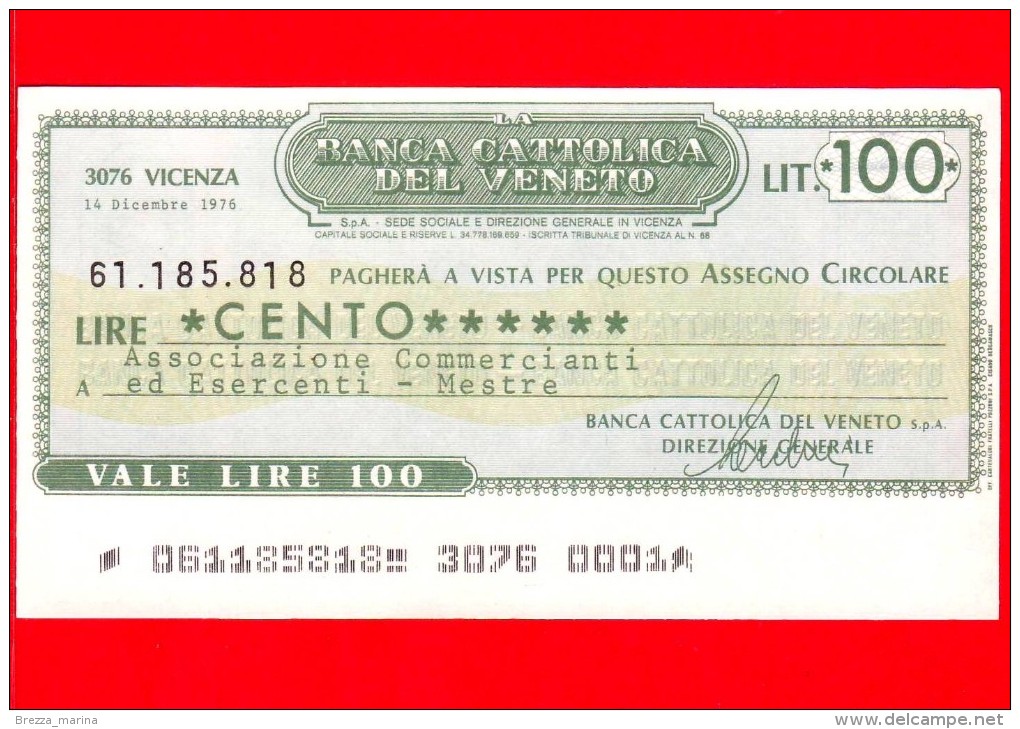 MINIASSEGNI - BANCA CATTOLICA DEL VENETO - L. 100 - Nuovo - FdS - [10] Assegni E Miniassegni