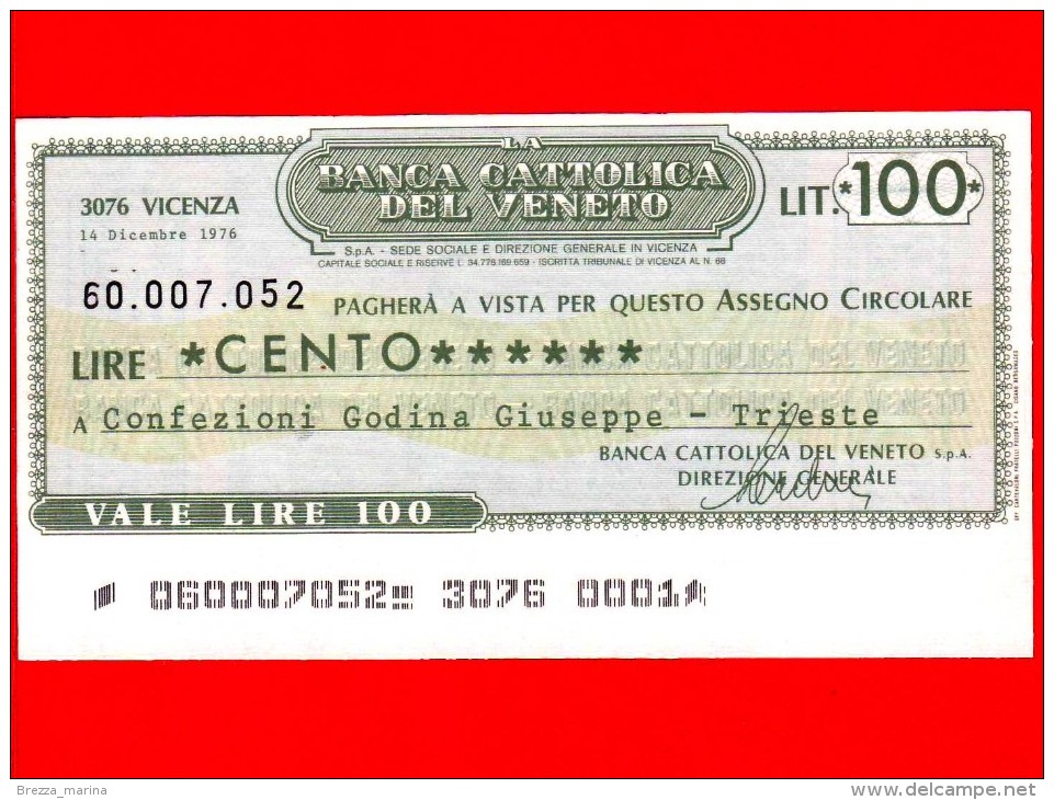 MINIASSEGNI - BANCA CATTOLICA DEL VENETO - L. 100 - Nuovo - FdS - [10] Chèques