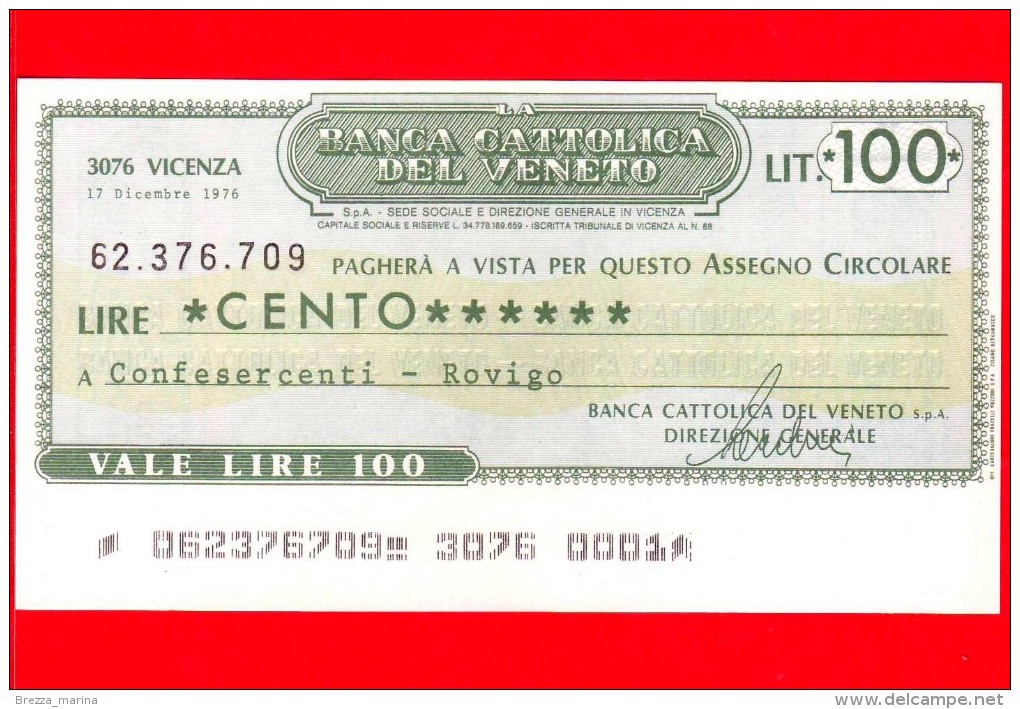 MINIASSEGNI - BANCA CATTOLICA DEL VENETO - L. 100 - Nuovo - FdS - [10] Chèques