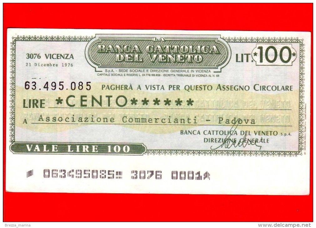 MINIASSEGNI - BANCA CATTOLICA DEL VENETO - L. 100 - Nuovo - FdS - [10] Chèques