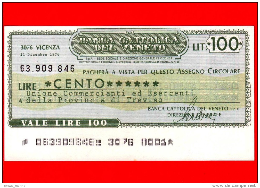 MINIASSEGNI - BANCA CATTOLICA DEL VENETO - L. 100 - Nuovo - FdS - [10] Assegni E Miniassegni