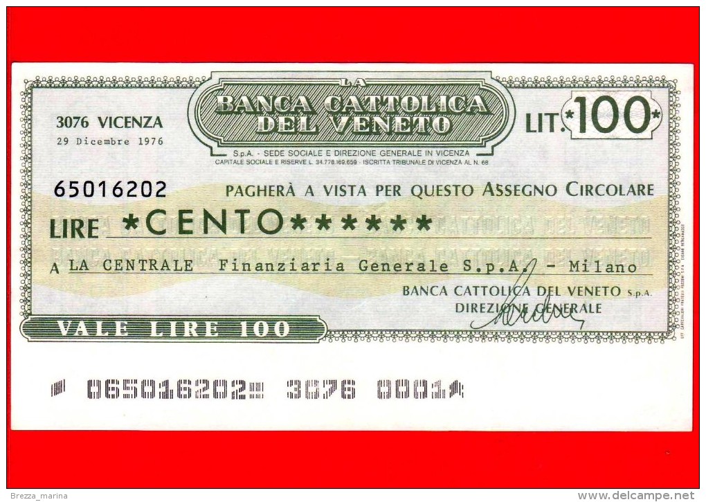 MINIASSEGNI - BANCA CATTOLICA DEL VENETO - L. 100 - Nuovo - FdS - [10] Cheques Y Mini-cheques