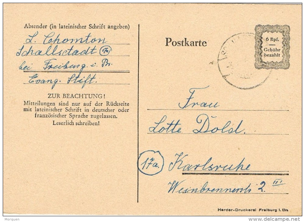 7517. Tarjeta SCHALLSTADT (Alemania) 1946. Gebühr Bezahlt. Port Payé - Otros & Sin Clasificación