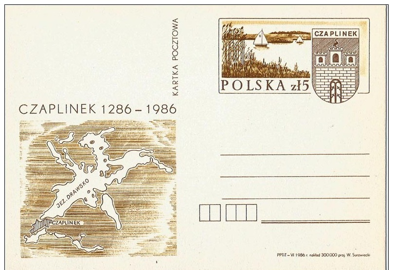 Poland Pologne, 700 Years Of Town Czaplinek, Sailing Yacht, Lake, Map, Coat Of Arms. Postal Stationery 1986. - Stamped Stationery