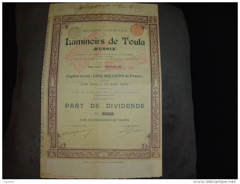 Part Dividende " Laminoirs De Toula " Russie Russia 1899 Reste Des Coupons. - Russia