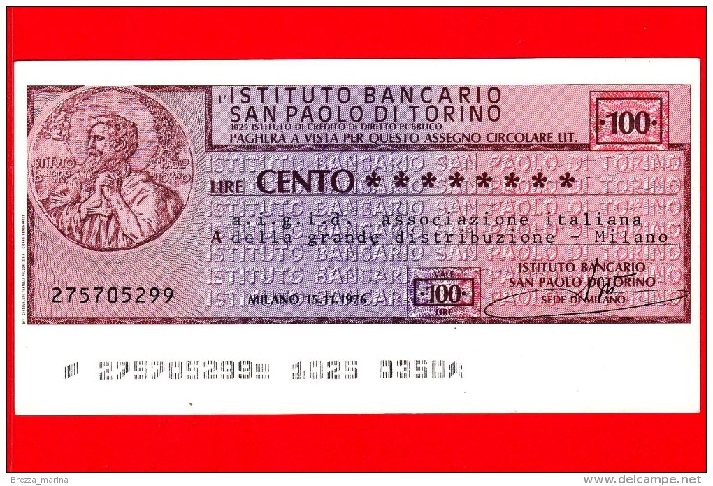 MINIASSEGNI - ISTITUTO BANCARIO SAN PAOLO DI TORINO - L. 100 - Nuovo - FdS - [10] Chèques