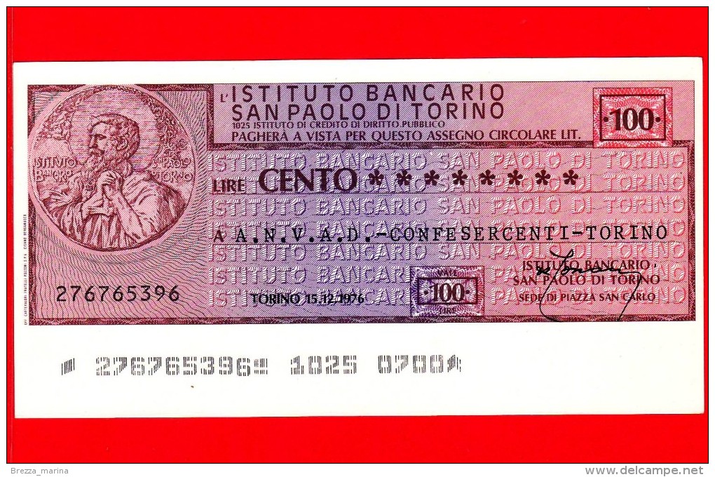 MINIASSEGNI - ISTITUTO BANCARIO SAN PAOLO DI TORINO - L. 100 - Nuovo - FdS - [10] Cheques Y Mini-cheques