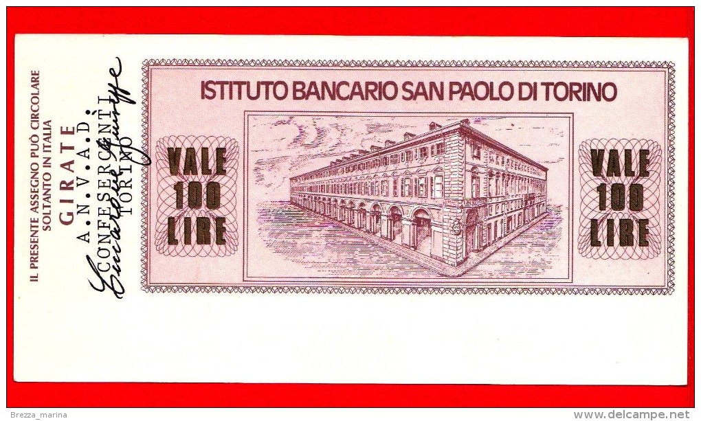 MINIASSEGNI - ISTITUTO BANCARIO SAN PAOLO DI TORINO - L. 100 - Nuovo - FdS - [10] Chèques