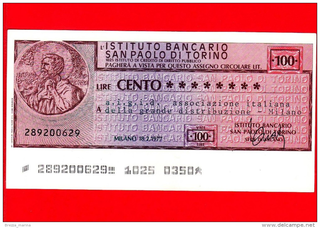 MINIASSEGNI - ISTITUTO BANCARIO SAN PAOLO DI TORINO - L. 100 - Nuovo - FdS - [10] Cheques Y Mini-cheques