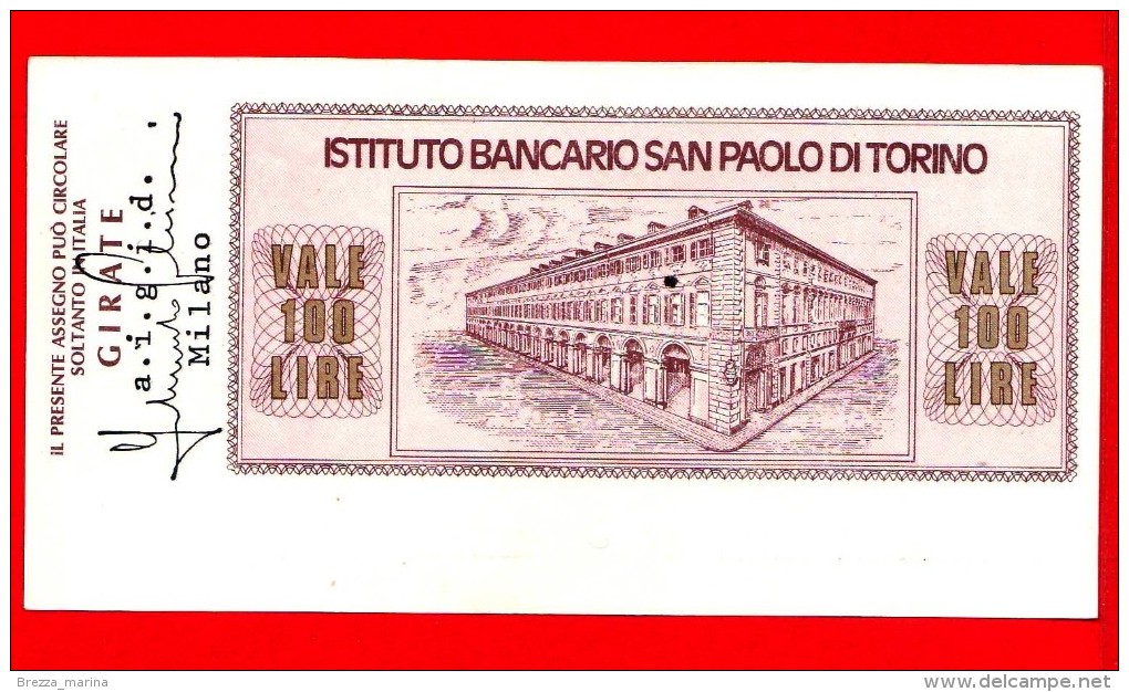 MINIASSEGNI - ISTITUTO BANCARIO SAN PAOLO DI TORINO - L. 100 - Nuovo - FdS - [10] Chèques