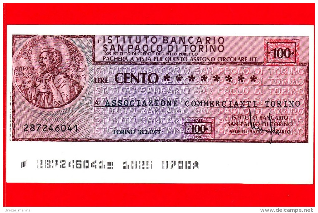 MINIASSEGNI - ISTITUTO BANCARIO SAN PAOLO DI TORINO - L. 100 - Nuovo - FdS - [10] Chèques