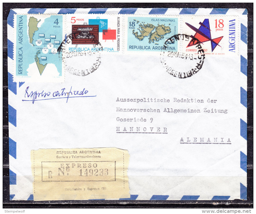 Luftpost, Einschreiben Reco, Expres, MiF Malvinas U.a., Buenos Aires Nach Hannover, AK- + Eilbotenstempel 1964 (50301) - Briefe U. Dokumente