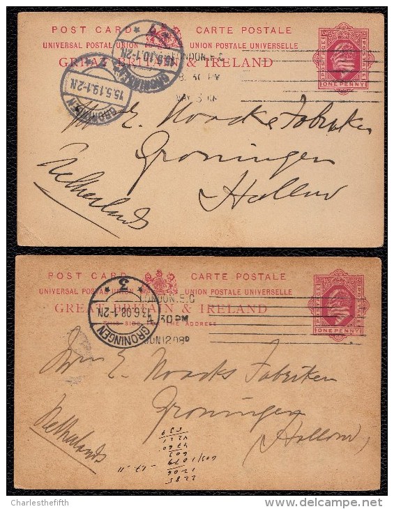 2 X POSTAL  STATIONARY 1P IRELAND USED TO GRONINGEN HOLLAND - FAULT IN ONE DATE (1919 INST. OF 1910) - Entiers Postaux