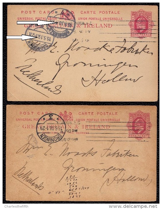 2 X POSTAL  STATIONARY 1P IRELAND USED TO GRONINGEN HOLLAND - FAULT IN ONE DATE (1919 INST. OF 1910) - Entiers Postaux