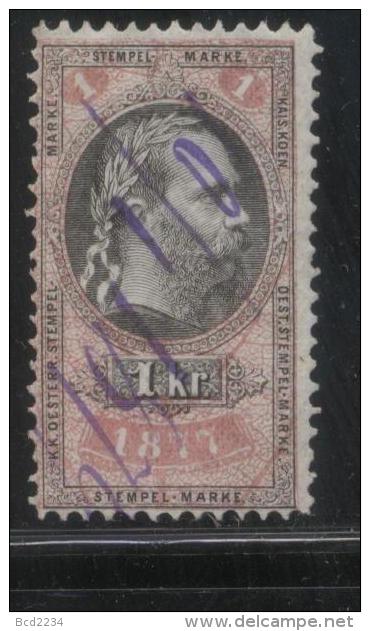 AUSTRIA 1877 EMPEROR FRANZ-JOZEF 1KR ROSE & BLACK REVENUE PERF 10.75 X 10.50 BAREFOOT 210 ERLER 129 - Revenue Stamps