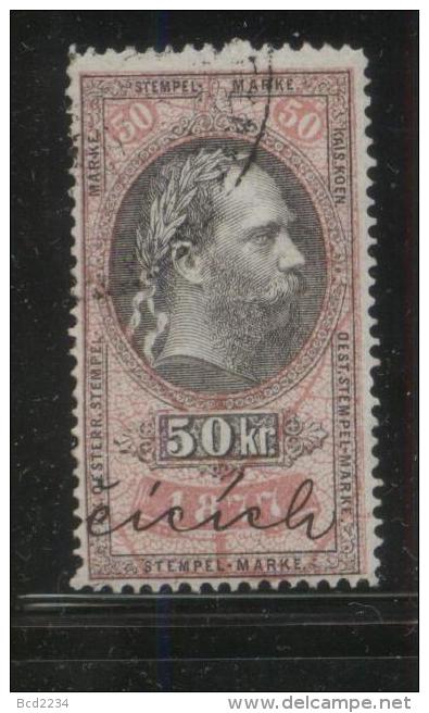 AUSTRIA 1877 EMPEROR FRANZ-JOZEF 50KR ROSE & BLACK REVENUE PERF 12.75 X 12.75 BAREFOOT 219 ERLER 138 - Fiscale Zegels