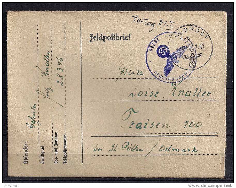 WWII, AUSTRIA 1941, CORREO DE CAMPAÑA,  FELDPOST 28346,  CIRCULADO A TRAISEN - Briefe U. Dokumente