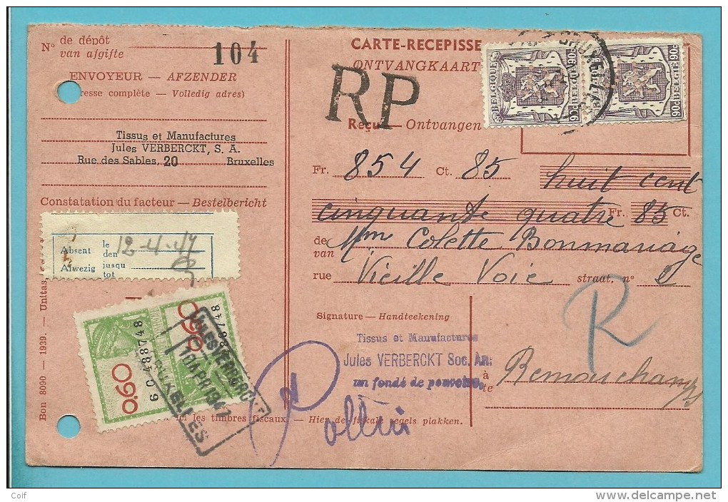 714 Op Ontvangkaart Met Stempel BRUXELLES Met Firmaperforatie (perfin) " J.V. " Van JULES VERBERCKT - 1934-51