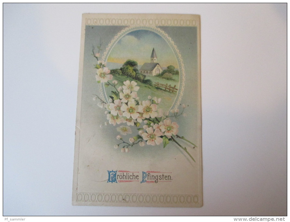 AK / Reliefkarte 1913 "Fröhliche Pfingsten" Blumen / Kirche Verlag HWB Ser. 1201 / Import - Pfingsten