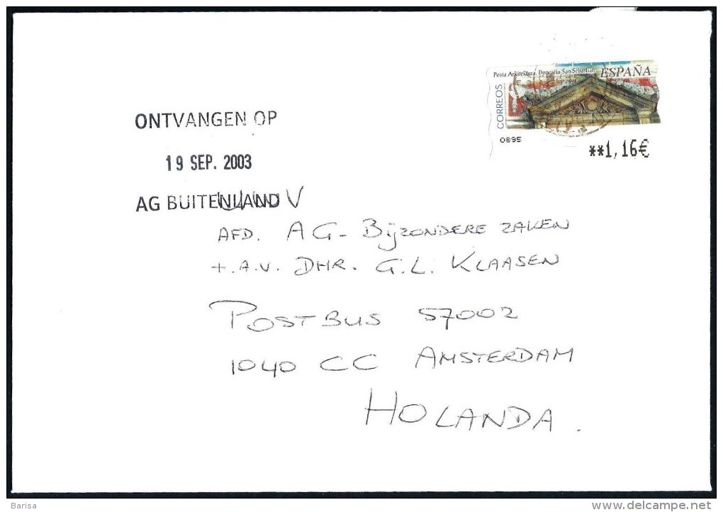 Spain: ATM Cover To Netherlands, Sep.2003 - Brieven En Documenten
