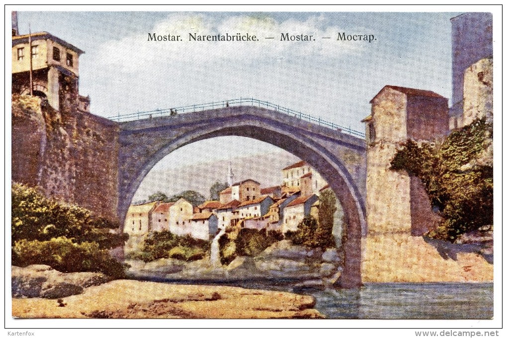 Mostar, Narentabrücke, Narenta, Brücke, Studnicka & Co.,Typochrom - Bosnien-Herzegowina