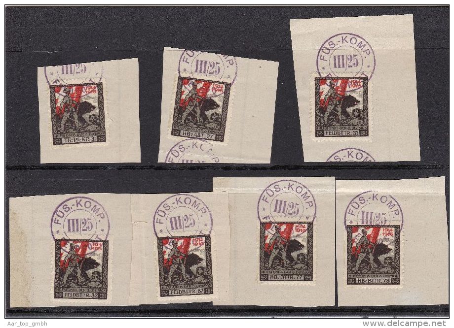 Schweiz Soldatenmarken 1914/6 3 Division Lot Mit 7 Marken Auf Briefstücken - Abstempelungen