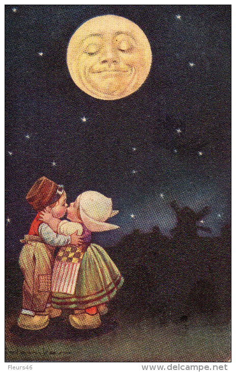 Illustrée Signée COLOMBO ! Petits Amoureux S'embrassant Sous La Lune - Colombo, E.