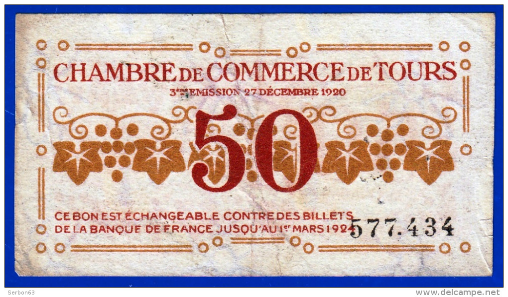 BON - BILLET - MONNAIE - CHAMBRE DE COMMERCE DE TOURS 37 INDRE ET LOIRE 50 CENTIMES DU 27 DECEMBRE 1920 N° 577.434 - Chambre De Commerce