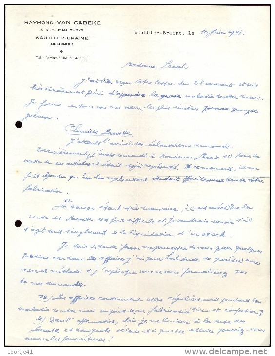 Factuur Facture Brief Lettre  - Raymond Van Cabeke -  Wauthier Braine 1948 - 1900 – 1949