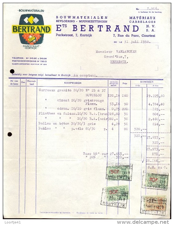 Factuur Facture Brief Lettre  - Bouwmaterialen Ets Bertrand - Kortrijk 1958 - 1950 - ...