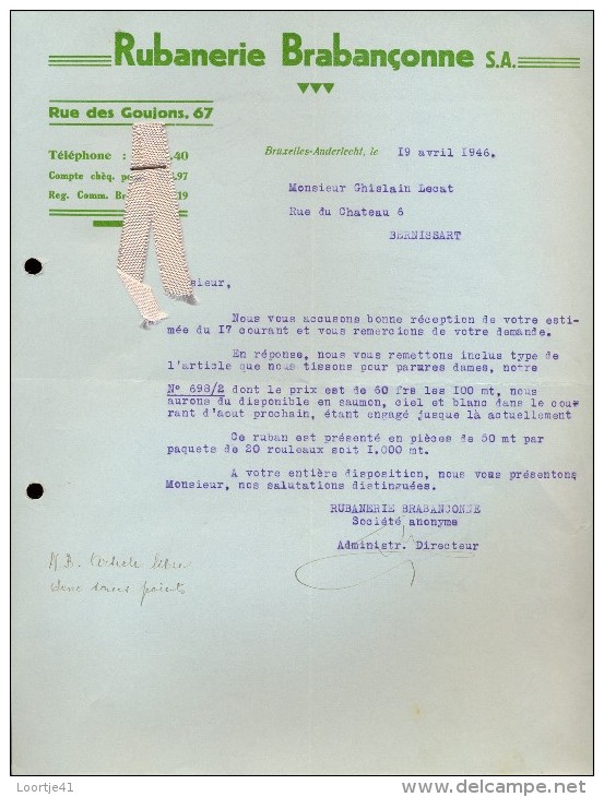 Factuur Facture Brief Lettre  - Rubanerie Brabançonne - Bruxelles 1946 - 1900 – 1949