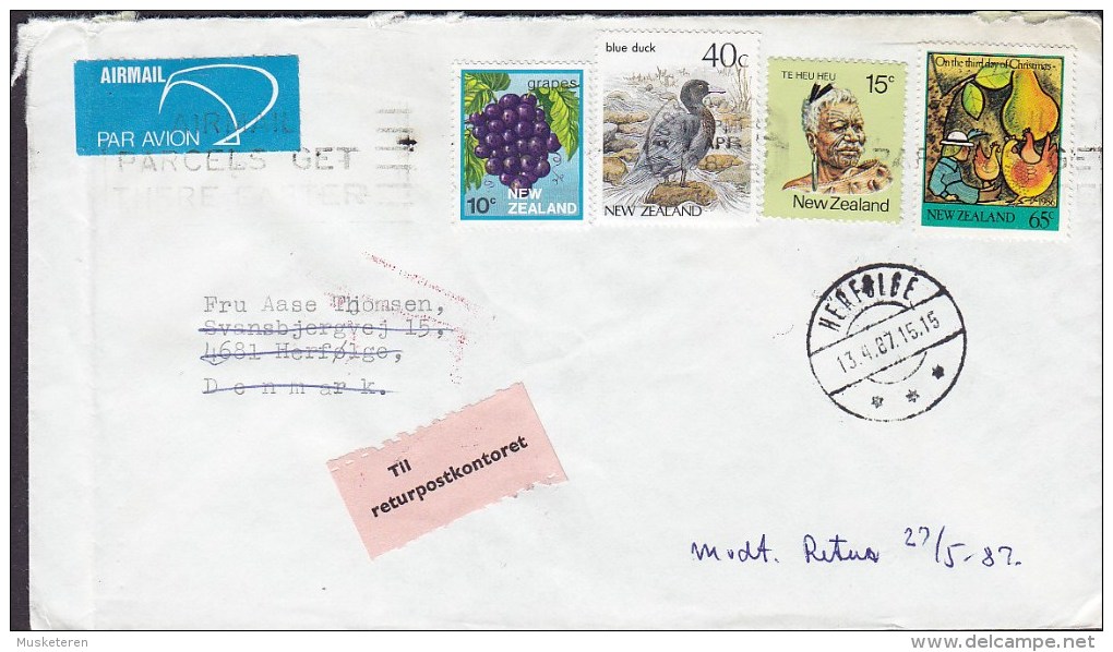 New Zealand Airmail Par Avion Label AUCKLAND 1987 Cover HERFØLGE Denmark TIL RETURPOSTKONTORET Label Bird Vogel Oiseau - Luftpost