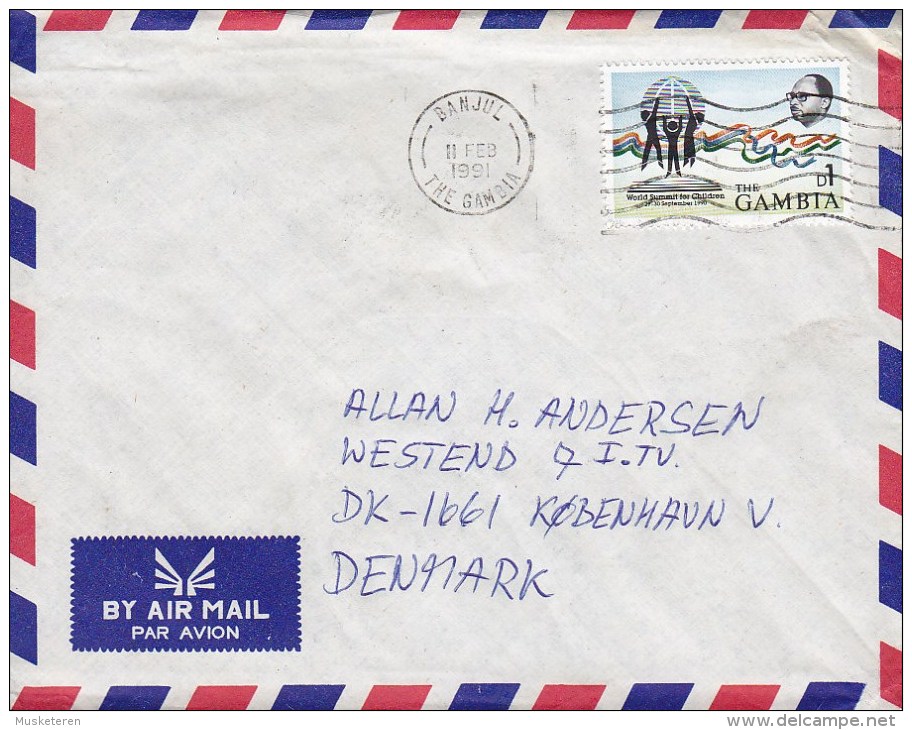 Gambia Airmail Par Avion Deluxe BANJUL 1991 Cover Brief To Denmark D1 World Summit For Children Stamp - Gambie (1965-...)