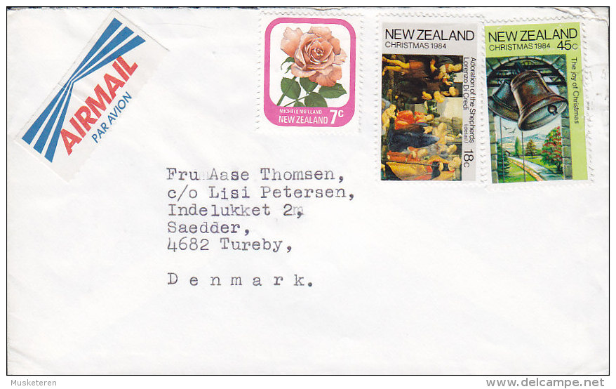 New Zealand Airmail Par Avion Label AUCKLAND 1984 Cover TUREBY Denmark Flower Blume Christmas Bell Stamp - Corréo Aéreo