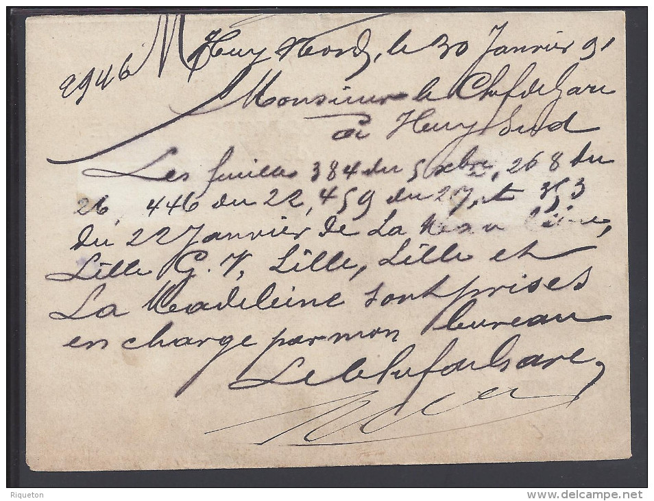 BELGIQUE - 1891 - MINISTERE DES CHEMINS DE FER - CARTE-CORRESPONDANCE DE SERVICE  - - Documentos & Fragmentos