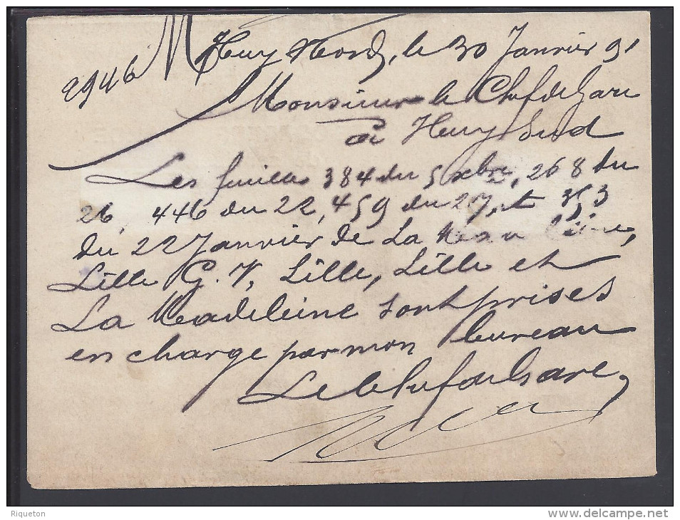 BELGIQUE - 1891 - MINISTERE DES CHEMINS DE FER - CARTE-CORRESPONDANCE DE SERVICE  - - Documents & Fragments
