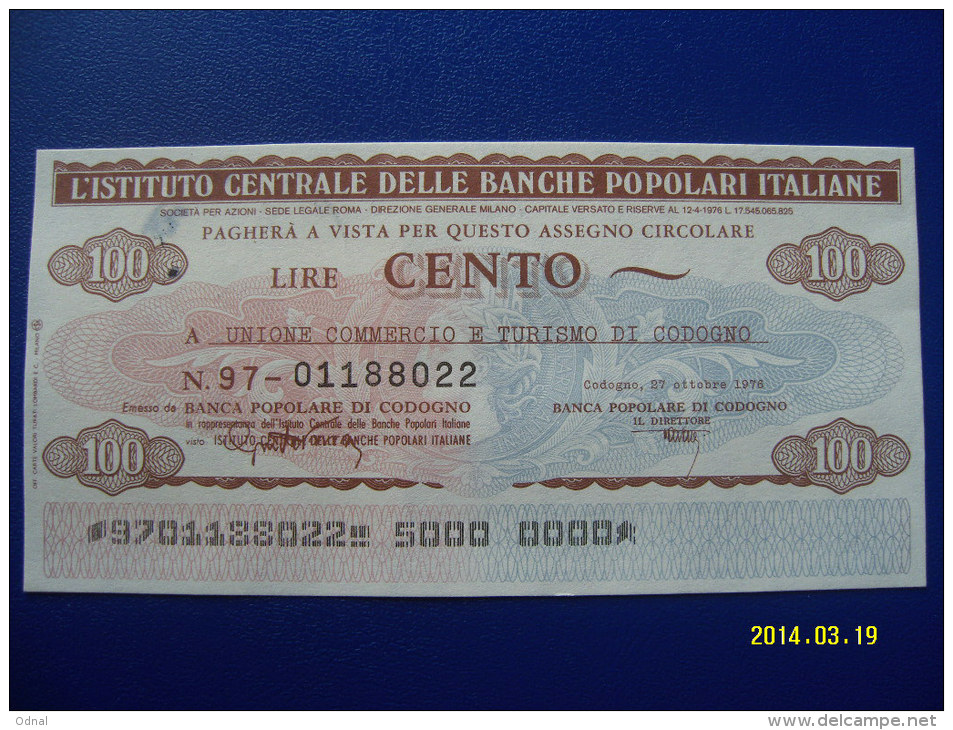 MINIASSEGNI: SOVRASTAMPA  ISTITUTO CENTRALE DELLE  BANCHE POPOLARI ITALIANE   FDS VALORE DA 100 LIRE - [10] Cheques Y Mini-cheques