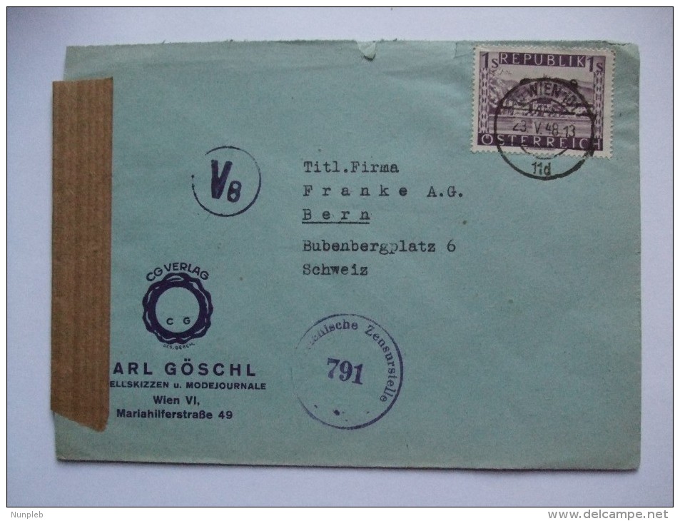 AUSTRIA 1948 CENSOR COVER FROM WIEN TO BERN SCHWEIZWITH V8 CACHET - Covers & Documents