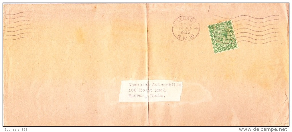 Great Britain 1912 Half Penny Green Used On Cover To India In 1933 From Willesden - Brieven En Documenten