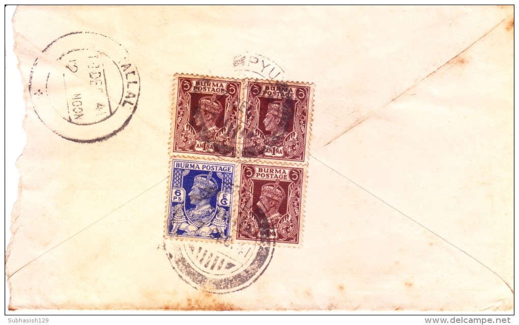 Burma 1941 Airmail Cover To Kallal, India With Censor Marking - Burma (...-1947)