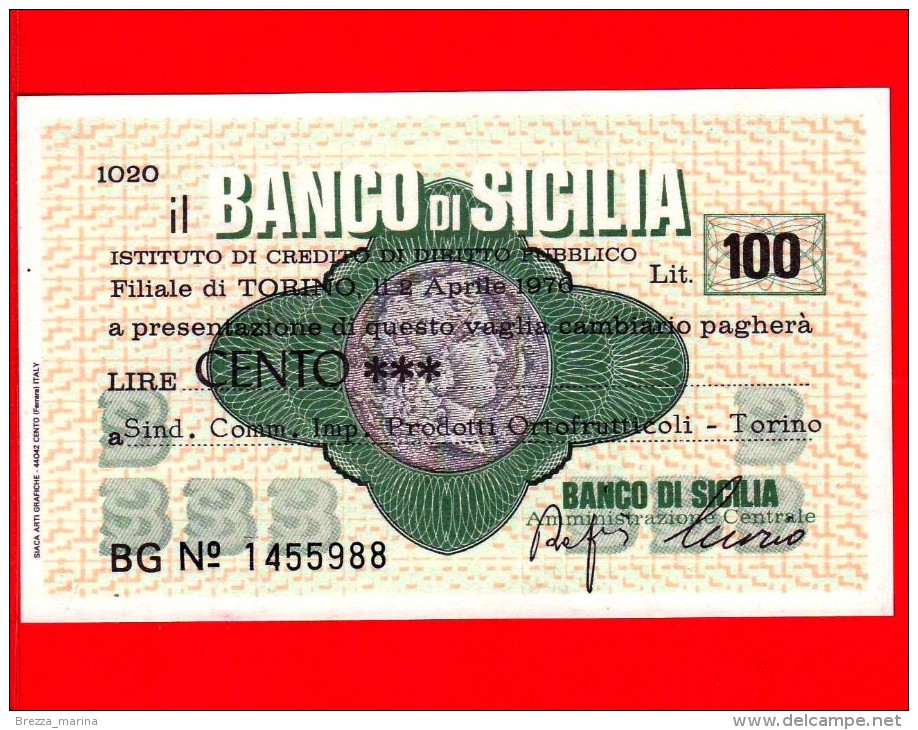 MINIASSEGNI - BANCO DI SICILIA  - L. 100 - Nuovo - FdS - [10] Cheques Y Mini-cheques