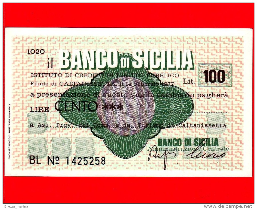 MINIASSEGNI - BANCO DI SICILIA  - L. 100 - Nuovo - FdS - [10] Cheques Y Mini-cheques