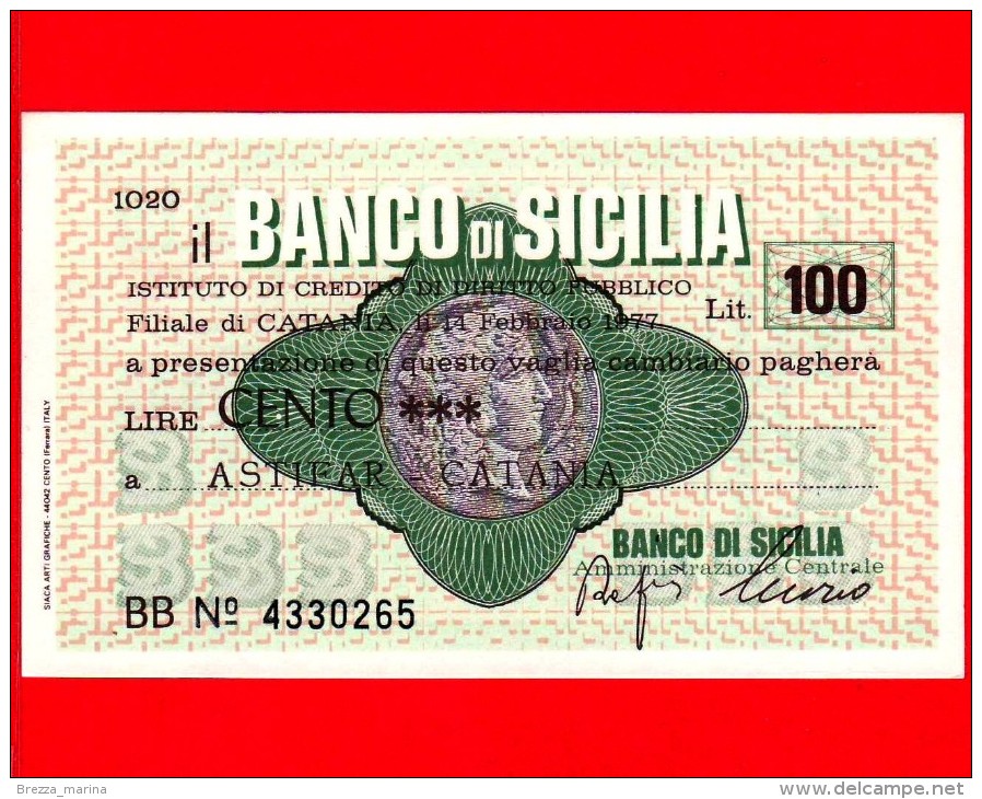 MINIASSEGNI - BANCO DI SICILIA  - L. 100 - Nuovo - FdS - [10] Cheques Y Mini-cheques