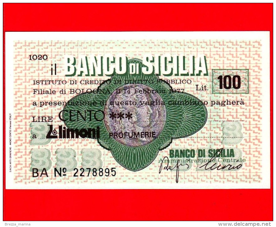 MINIASSEGNI - BANCO DI SICILIA  - L. 100 - Nuovo - FdS - [10] Cheques Y Mini-cheques