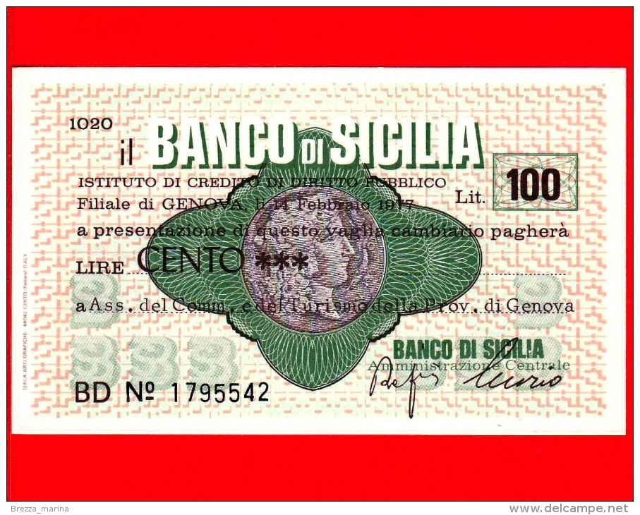 MINIASSEGNI - BANCO DI SICILIA  - L. 100 - Nuovo - FdS - [10] Cheques Y Mini-cheques