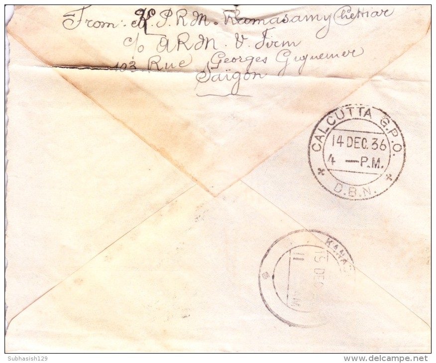 Indochine 1936 Airmail Cover Posted From Saigon To Calcutta Via Air France And Then By Surface To Kanadukatha - Luchtpost