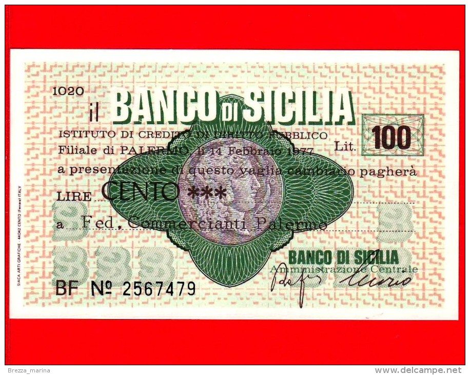 MINIASSEGNI - BANCO DI SICILIA  - L. 100 - Nuovo - FdS - [10] Assegni E Miniassegni