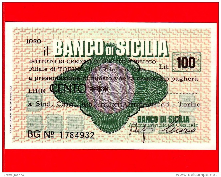 MINIASSEGNI - BANCO DI SICILIA  - L. 100 - Nuovo - FdS - [10] Cheques Y Mini-cheques