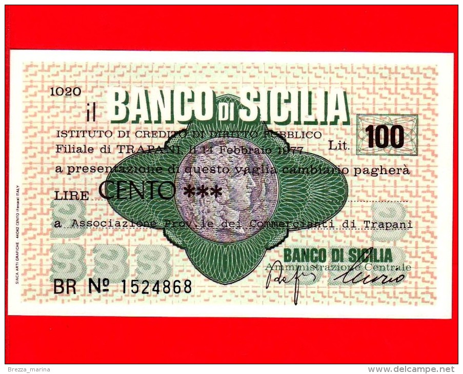 MINIASSEGNI - BANCO DI SICILIA  - L. 100 - Nuovo - FdS - [10] Cheques Y Mini-cheques